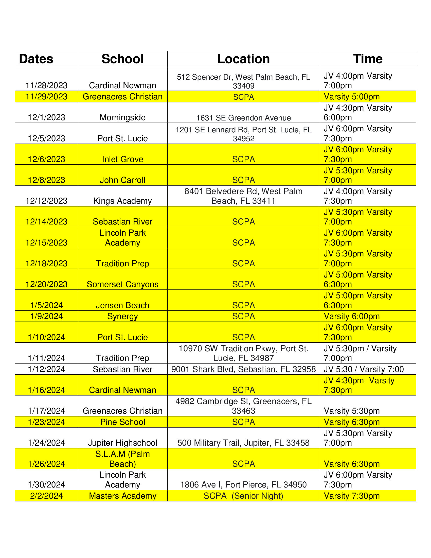 2023-2024 Boys Basketball Game Schedule